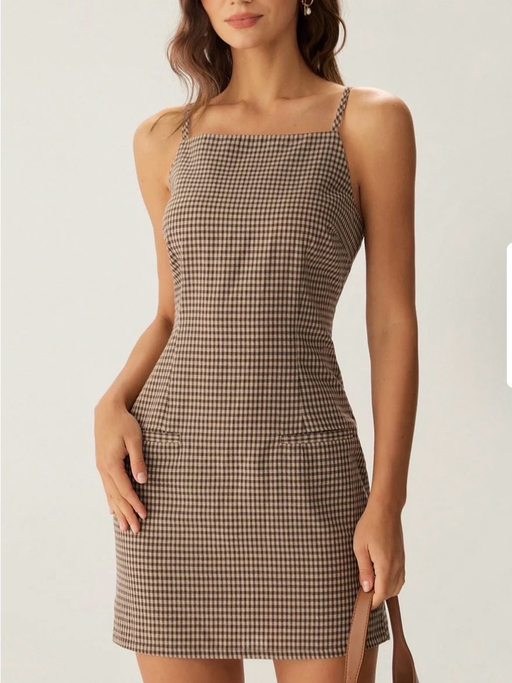 RIHOAS Brown Gingham Square-Neck Mini Dress
